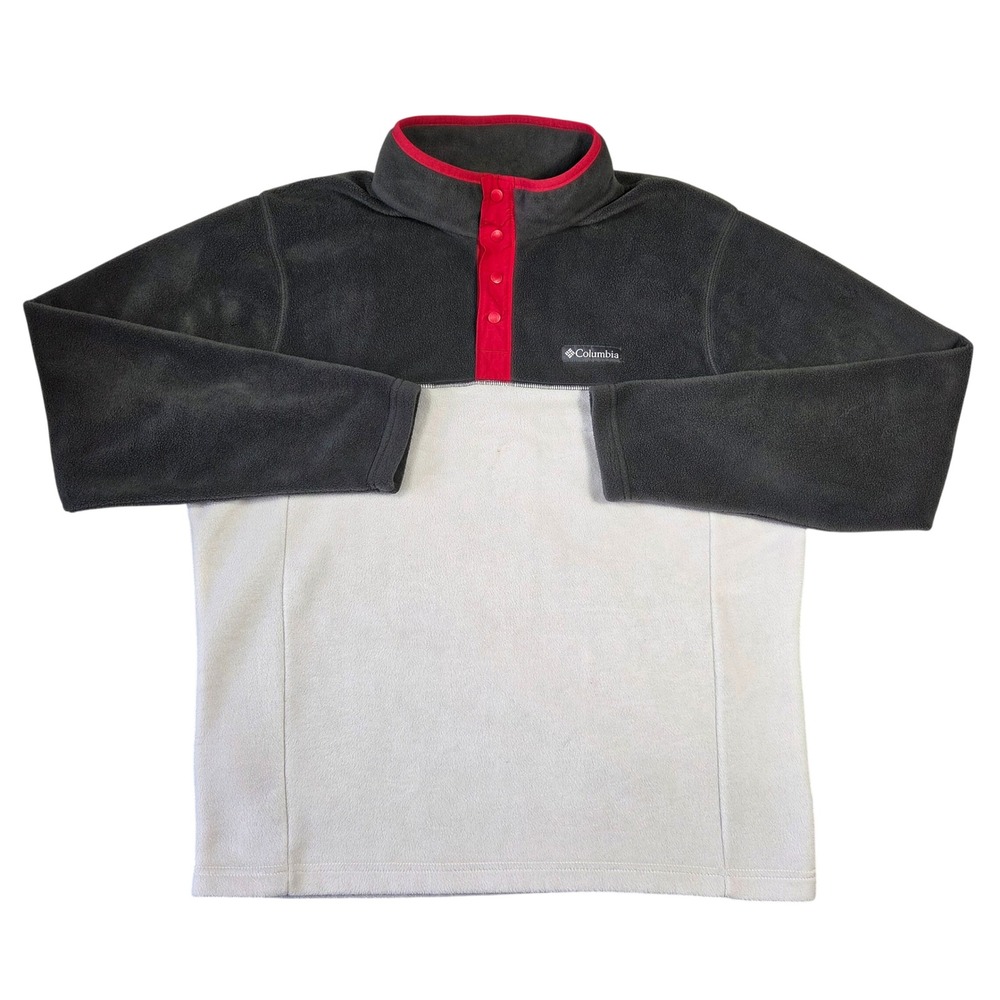 Columbia Mens Fleece Pullover Jacket Gray White Red Snap Collar Size L Outdoors